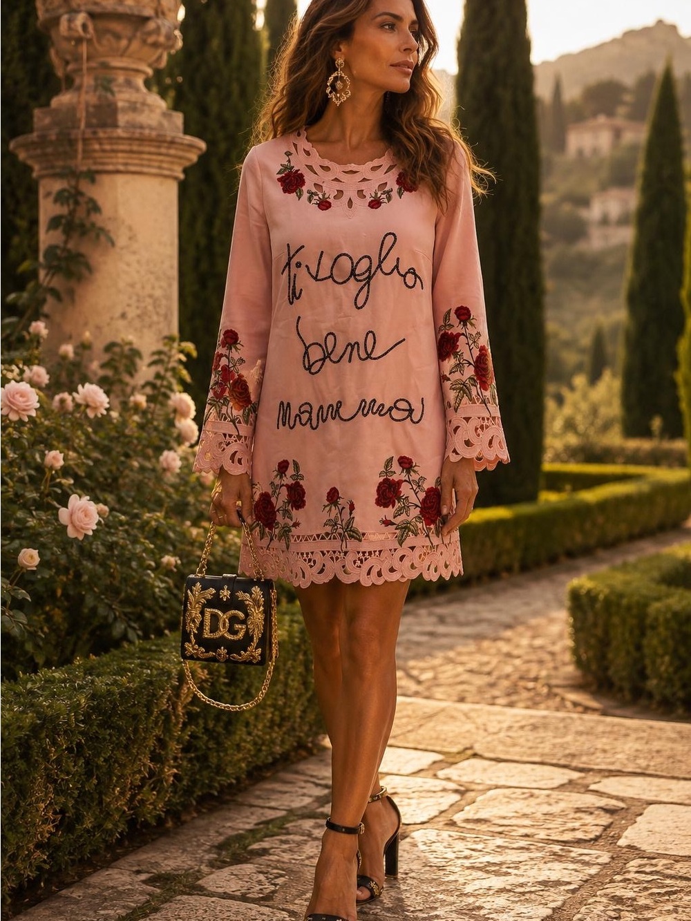 Women's Embroidered Pink Floral Lace-Trim Dress design inspired